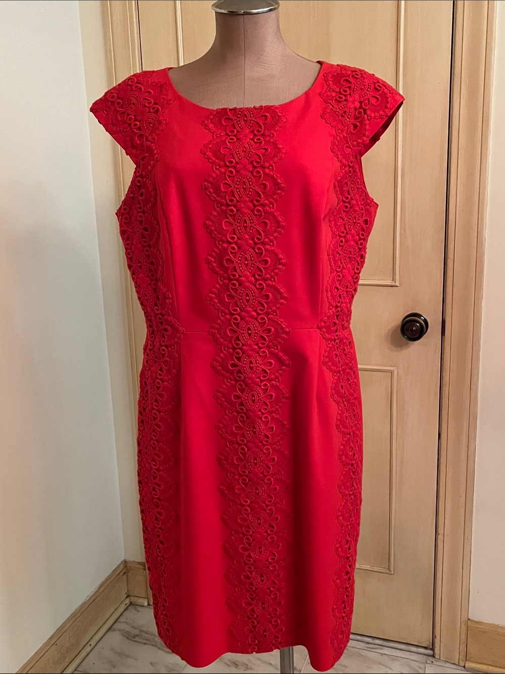 ANTONIO MELANI Party Country Club Cap SLV Red Lace-Trim Cotton Sheath Dress 14